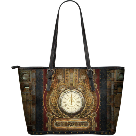 Vintage Steampunk Clock Large Leather Tote