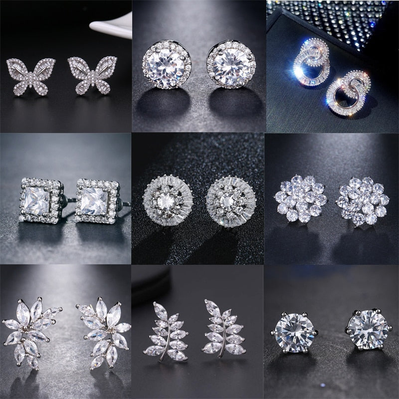 Classic Shining Silver CZ Stud Earrings