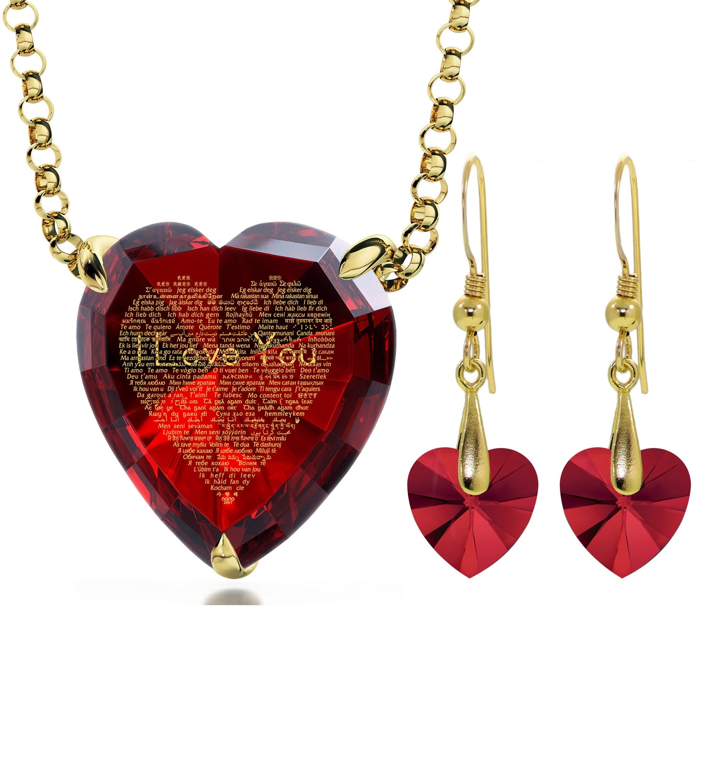 Gold Plated Silver Heart Jewelry Set 120 Languages I Love You Necklace and Crystal Earrings