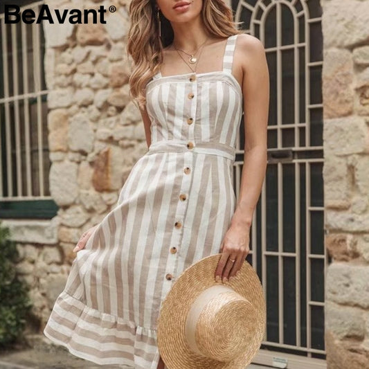 BeAvant Casual striped linen cotton dress women Button strap beach summer dress 2019 Sexy backless midi ladies dresses vestidos