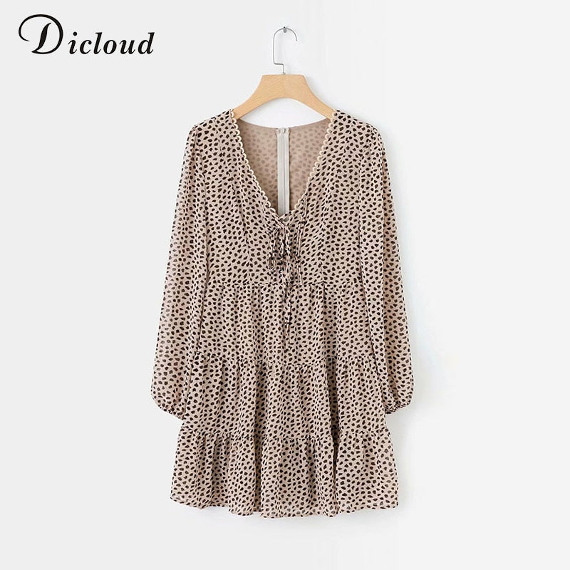 DICLOUD Sexy Leopard V Neck Dresses Women Spring Autumn Long Sleeve A Line Ruffles Sundress Chiffon Short Party Dress Female