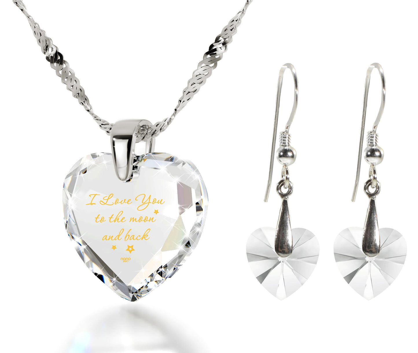 I Love You to the Moon and Back Necklace 24k Gold Inscribed and Crystal Heart Earrings